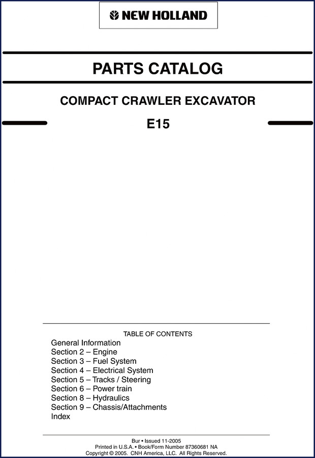 New Holland E15 2005 Parts Catalog cover - factory OEM compact excavator parts manual