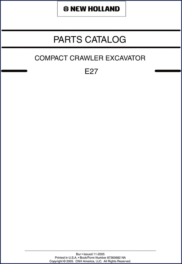 New Holland E27 2005 Parts Catalog cover page showing compact crawler excavator