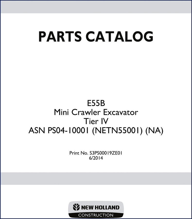 New Holland E55B 2014 Parts Catalog cover page showing mini crawler excavator