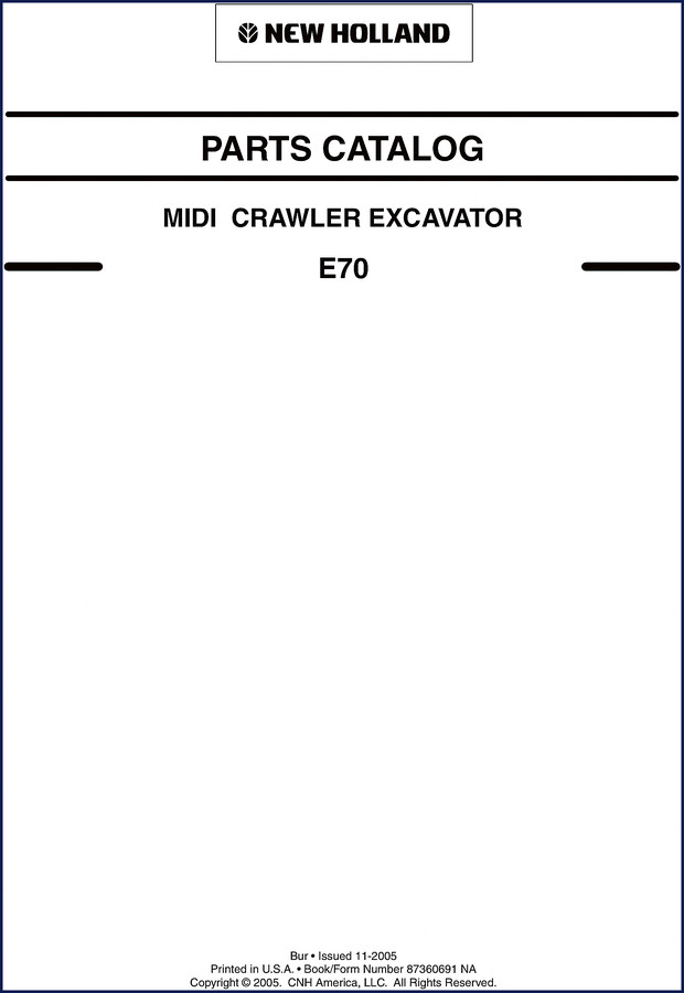 New Holland E70 2005 Parts Catalog cover showing excavator and book number 87360691 NA