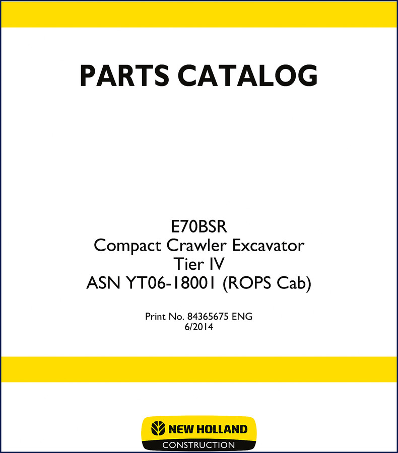New Holland E70BSR 2014 Parts Catalog cover showing excavator and print number 84365675