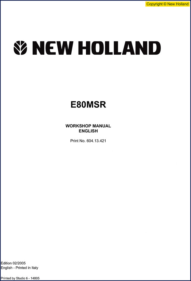 New Holland E80MSR 2005 Workshop Manual cover showing excavator repair guide