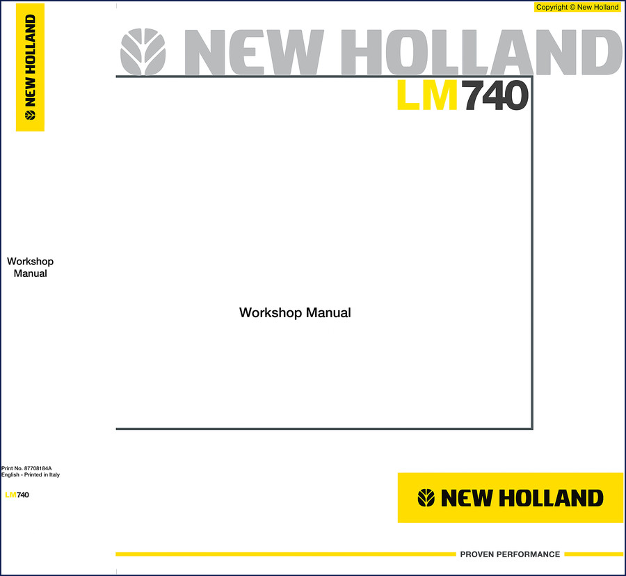 New Holland LM740 workshop manual cover showing telehandler and OEM branding