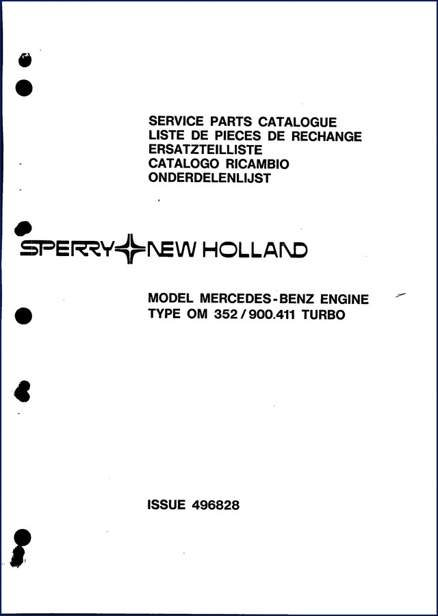 New Holland OM 352 Parts Catalog – 45-page factory document with exploded views and OEM part numbers for cylinder head, crankshaft, fuel system, and cooling components