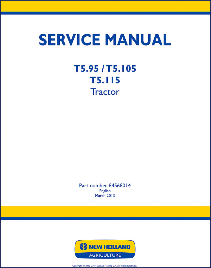 New Holland T5.95 T5.105 T5.115 2013 Service Manual cover