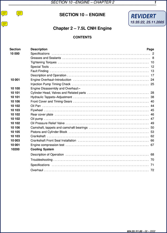 New Holland TM120 TM130 TM140 TM155 TM175 2002 Service Manual cover and sample pages showing engine specifications