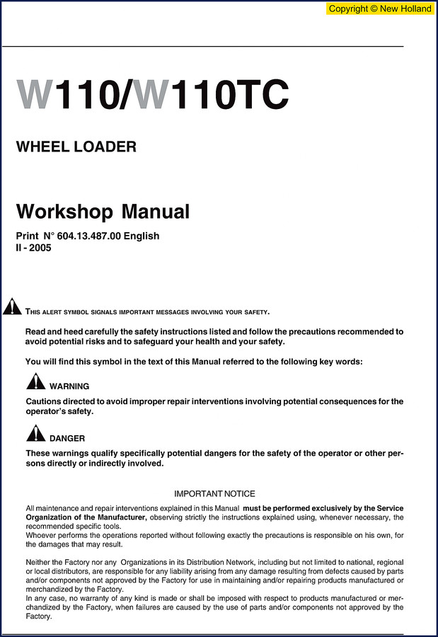 New Holland W110 W110Tc 2005 Workshop Manual cover with factory specifications