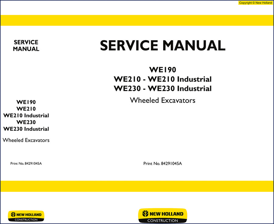 New Holland WE190 WE210 WE230 service manual cover page showing factory documentation for wheeled excavators