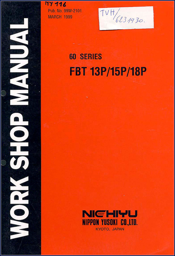 Nichiyu 13P 1999 workshop manual cover showing model and rating plate