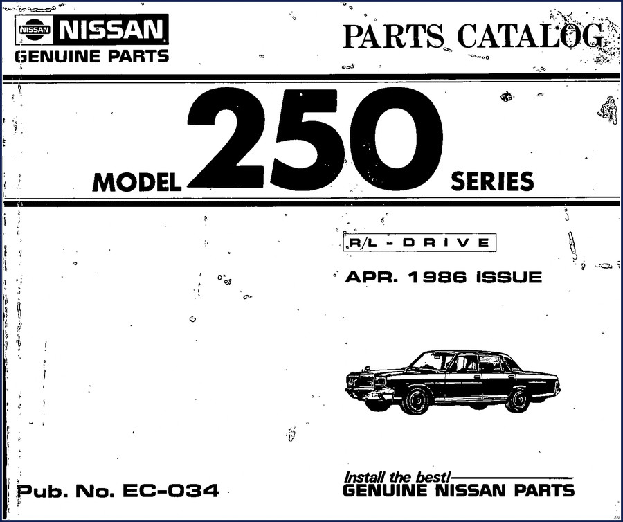 1986 Nissan 250 Series OEM Parts Catalog cover showing model 250 and Genuine Nissan Parts logo