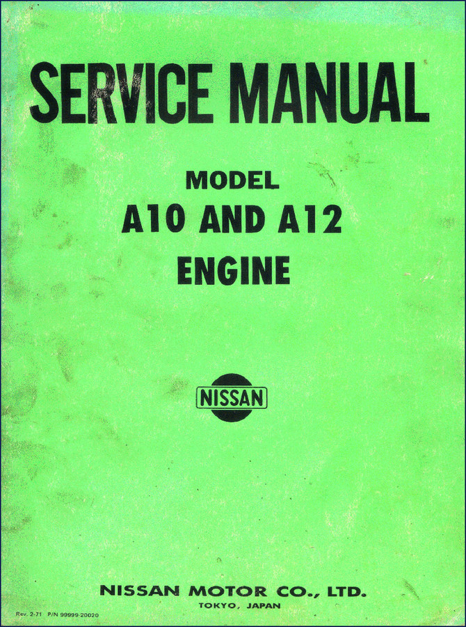Nissan A10 A12 1971 service manual cover showing engine specifications