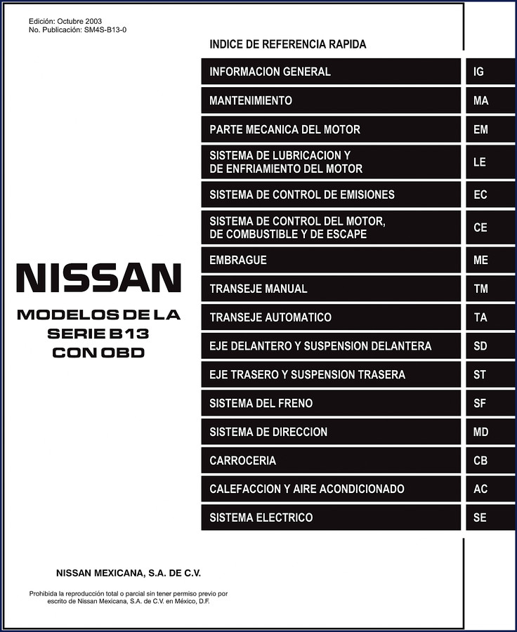 Nissan B13 2003 Service Manual cover page showing factory repair manual for GA16DNE engine