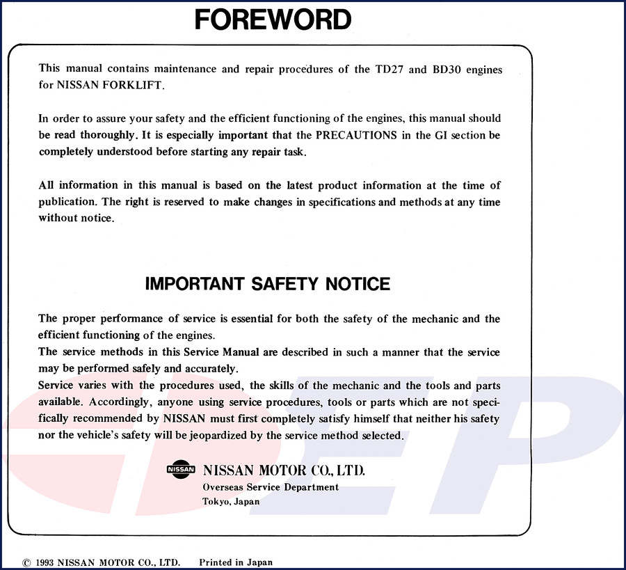 Nissan BD30 engine service manual 1993 cover showing TD27 and BD30 engines