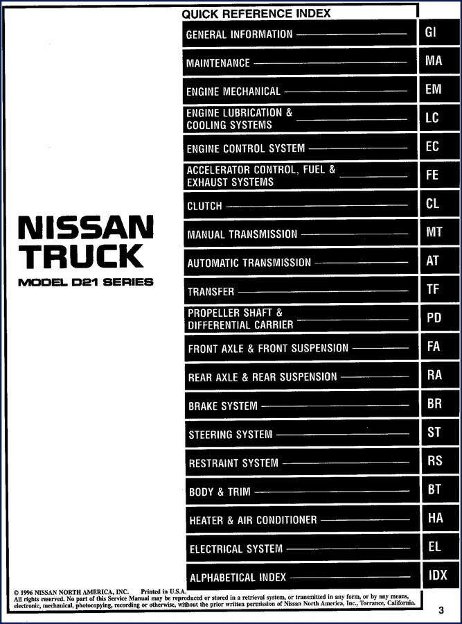 1996 Nissan D21 Service Manual cover showing truck and OEM branding