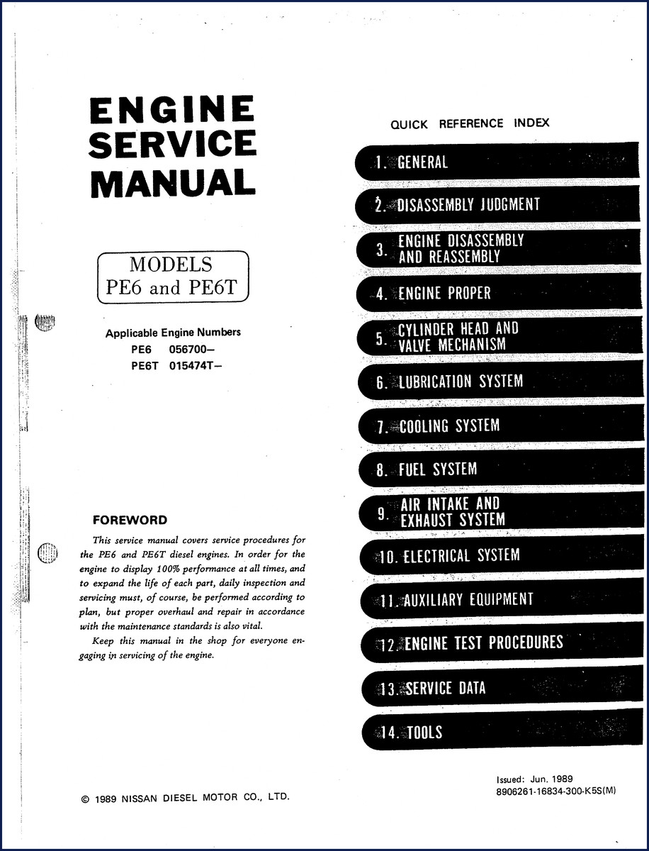 1989 Nissan Diesel PE6 PE6T factory service manual cover – OEM workshop manual for diesel engine repair