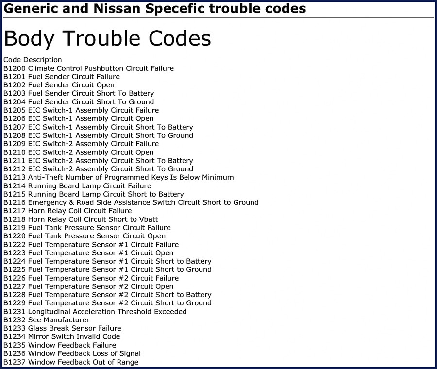 Nissan Generic Troubleshooting Manual 19-page OEM guide with trouble codes B1200 B1201 B1202