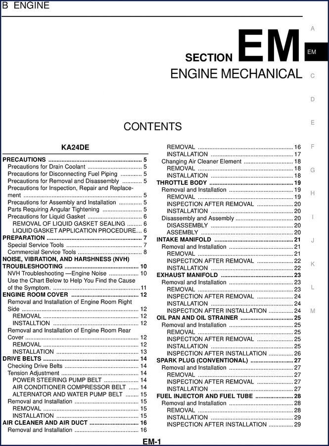 Nissan KA24DE engine service manual cover – 204 pages factory document