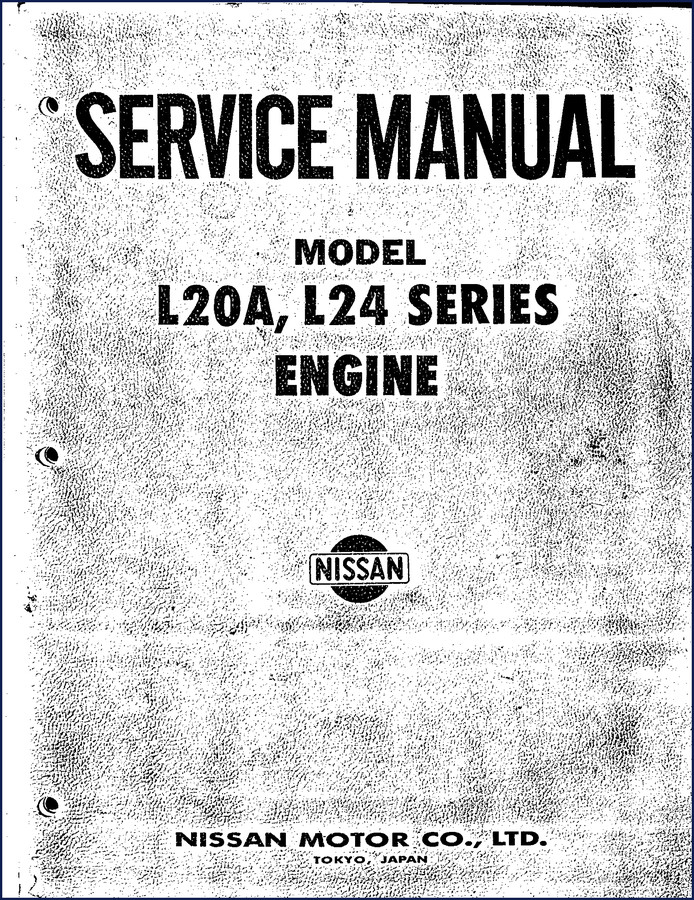 Nissan L20A L24 Service Manual cover showing engine cutaway and model designation