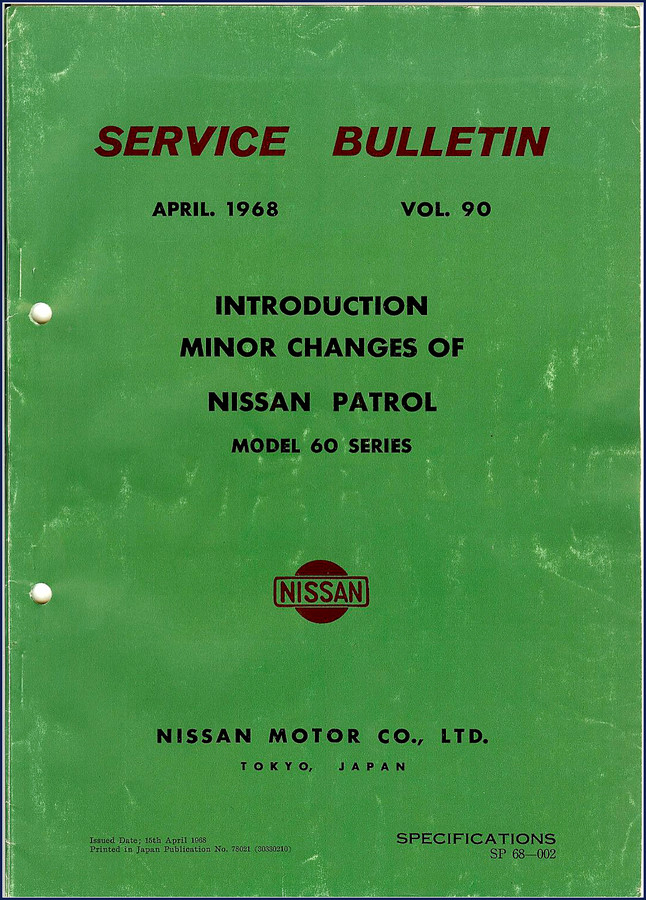 Nissan L60 L60-U KL60-U 1968 service manual cover page showing factory bulletin