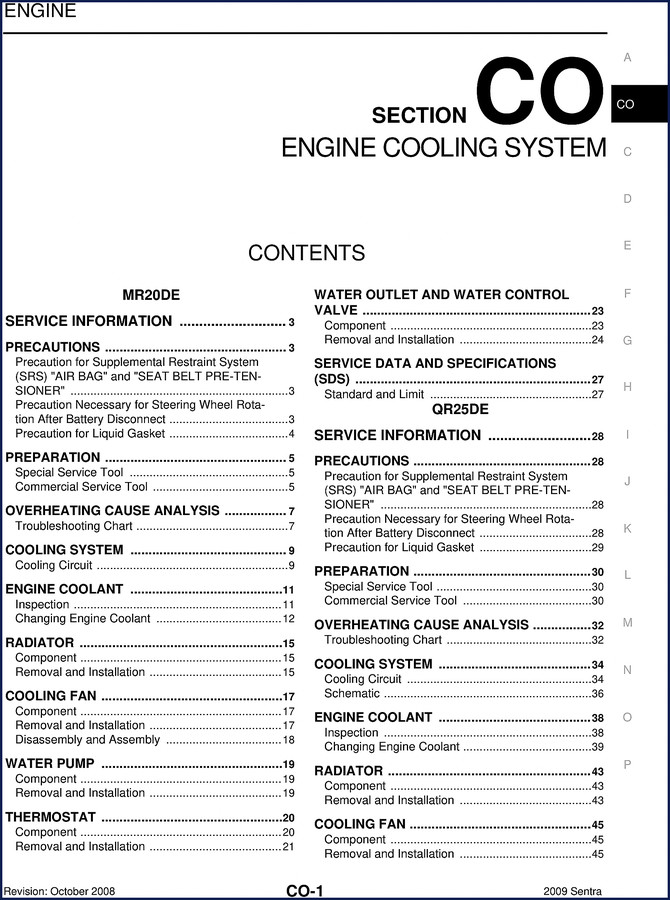 Nissan QR25DE and MR20DE 2009 Service Manual cover page showing engine cooling system diagrams