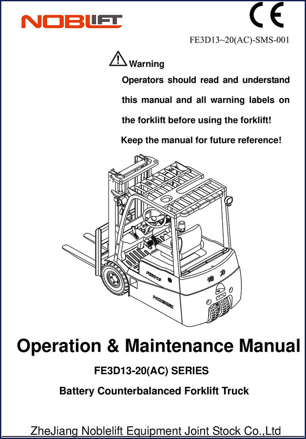 Noblelift FE3D13-20 Operators Manual cover page showing battery counterbalanced forklift