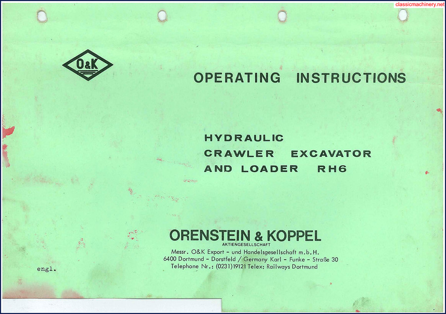 O&K RH6 1972 Operators Manual cover - factory OEM operating instructions for hydraulic crawler excavator
