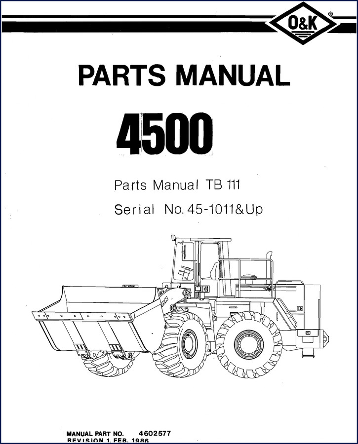 O&K TB 111 Parts Catalog 1986 cover showing manual part number 4602577 and revision date