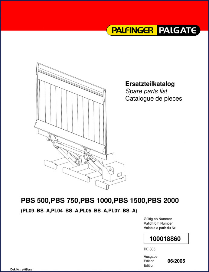 2005 Palfinger PBS 500-2000 parts catalog cover showing liftgate models
