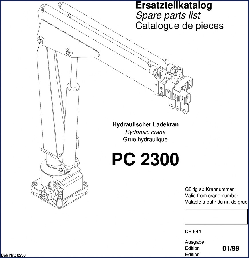 Palfinger PC 2300 1998 Parts Catalog cover - OEM factory spare parts list