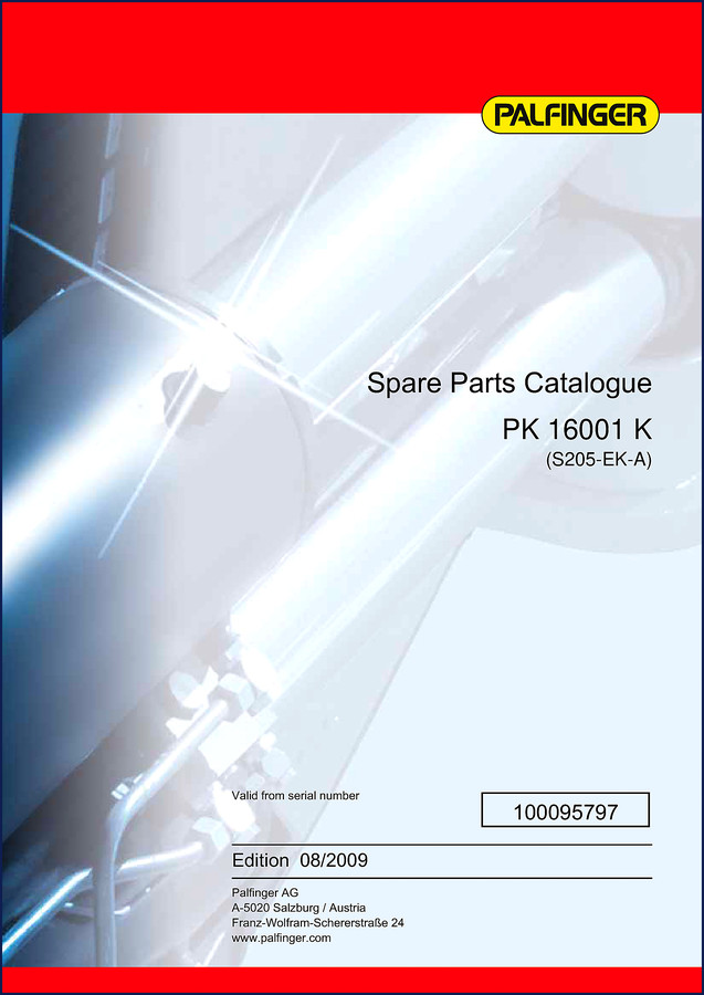 Palfinger PK 16001 K 2009 Parts Catalog cover page with serial number range