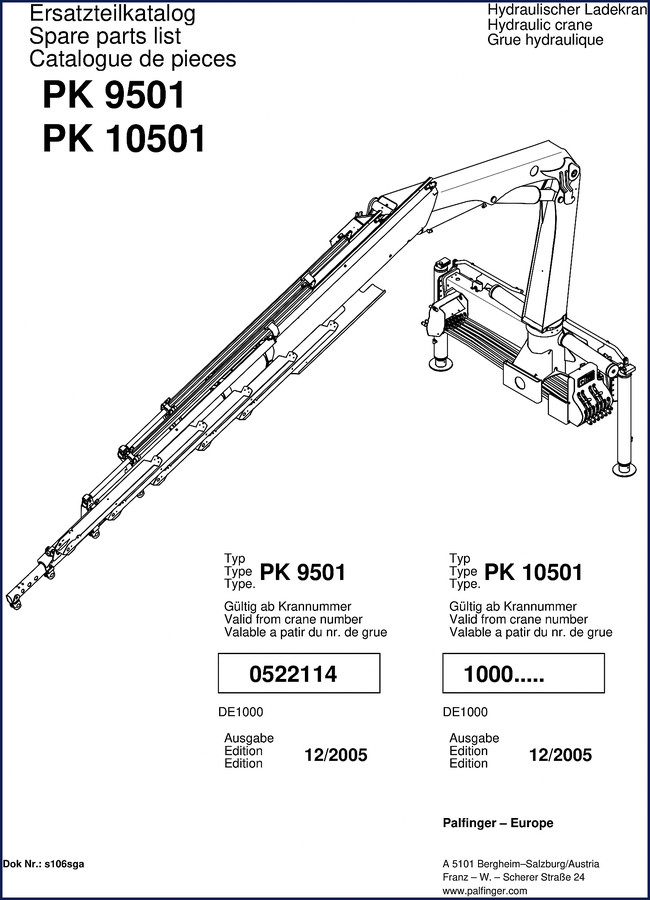 Palfinger PK 9501 and PK 10501 2005 Parts Catalog cover