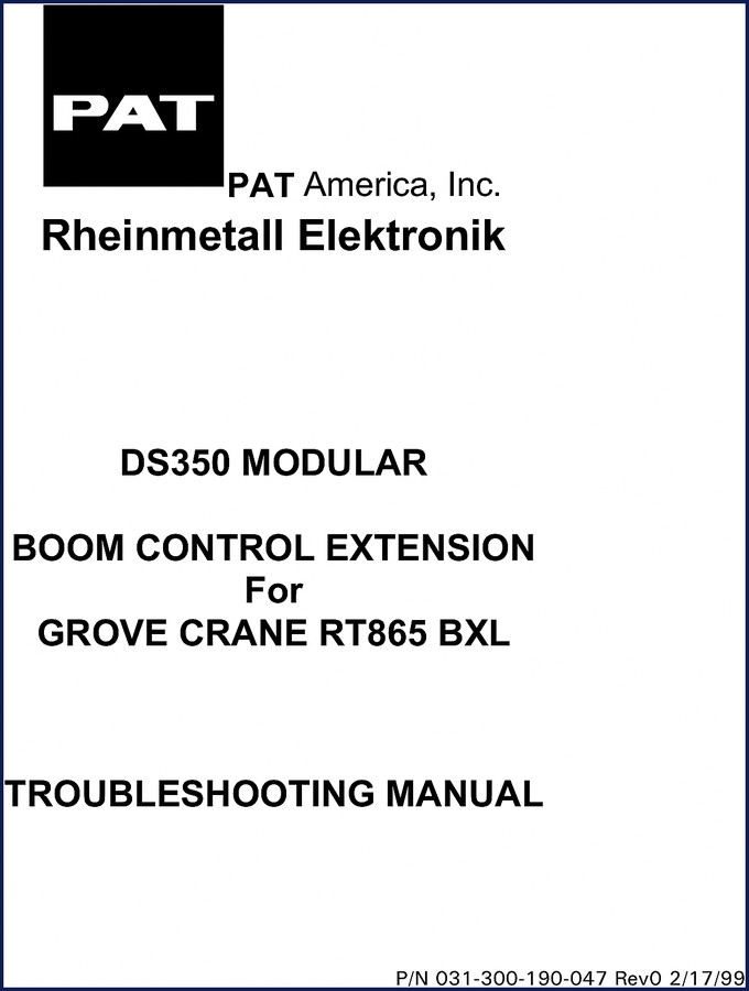 PAT America RT865 BXL 1999 Troubleshooting Manual cover showing DS350 boom control extension for Grove crane