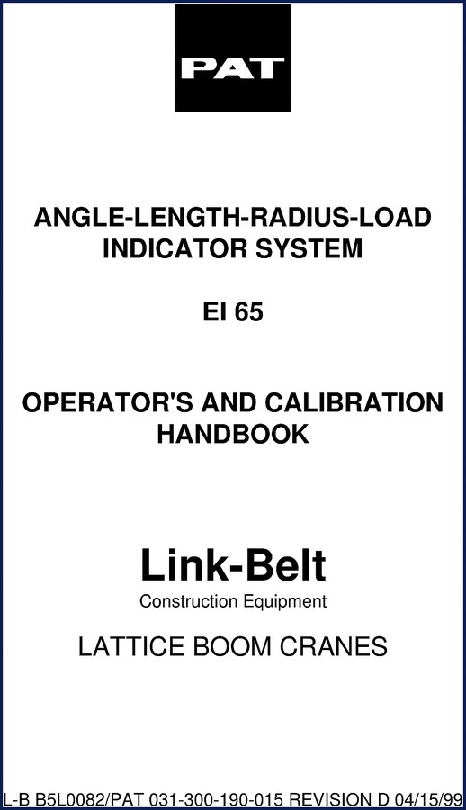 PAT EI 65 1999 Operators Manual cover page – load indicator system for Link-Belt lattice boom cranes