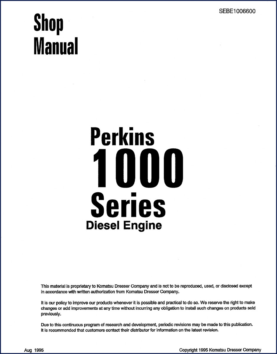 Perkins 1000 Series 1995 Service Manual cover page showing diesel engine cutaway