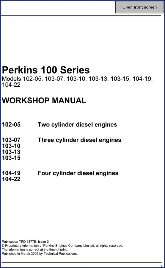 Perkins 100 Series 2003 Workshop Manual cover – models 102-05, 103-07, 103-10, 103-13, 103-15