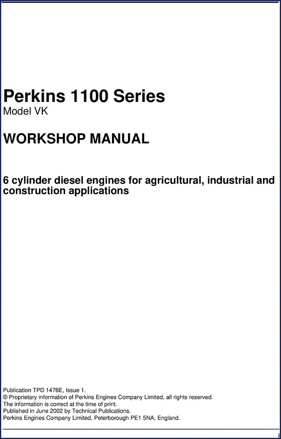 Perkins 1100 Series Technical Manual cover showing engine diagram and warning labels