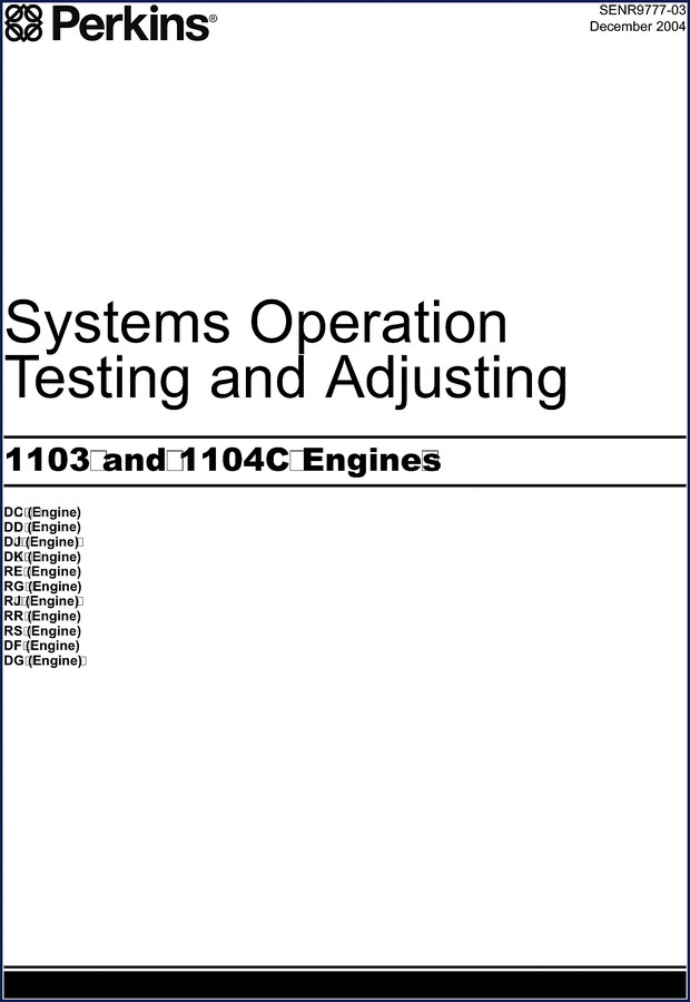 Perkins 1103 1104 Technical Manual cover showing engine diagrams and safety label