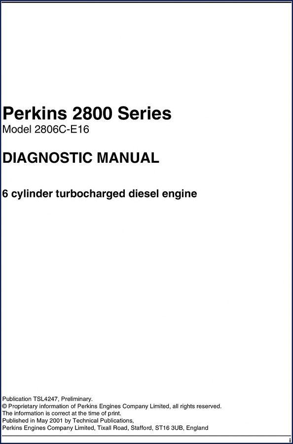 Perkins 2806C-E16 2001 Diagnostics Manual cover showing 6-cylinder turbocharged diesel engine, ECM wiring diagrams, and fault code chart