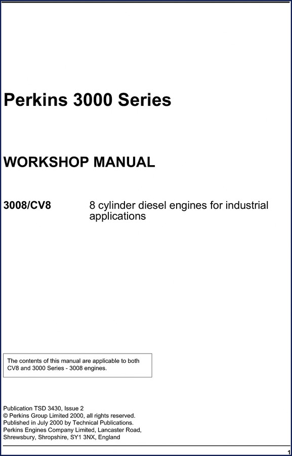 Perkins 3008 CV8 2000 Workshop Manual cover – 256 pages OEM factory service manual for 8-cylinder diesel engine