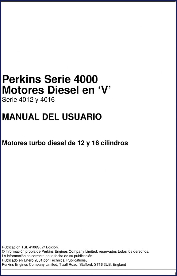 Perkins 4000 User Manual 2001 cover – OEM factory publication for 4012 and 4016 series diesel V engines