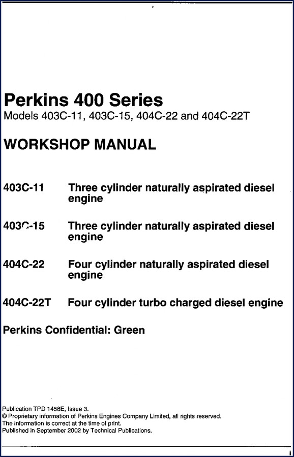 Perkins 403C-11 403C-15 404C-22 404C-22T Workshop Manual 2002 128 pages cover