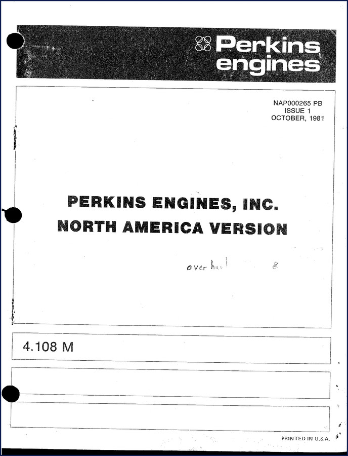 Perkins 4.108 M 1981 Service Manual front cover showing engine diagram and part number NAP000265 PB