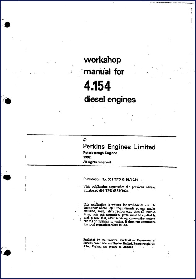 Perkins 4.154 1982 Workshop Manual cover page - diesel engine service repair manual