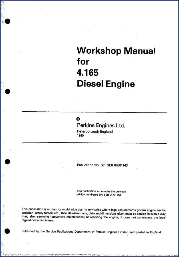 Perkins 4.165 1980 Workshop Manual cover showing engine cutaway and model designation