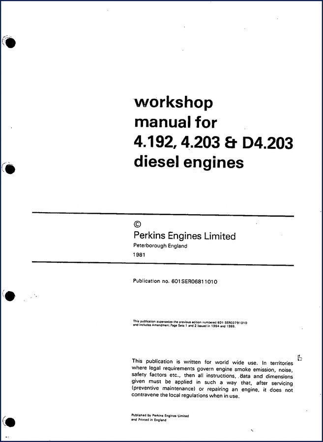 Perkins 4.192 4.203 D4.203 1984 Workshop Manual cover