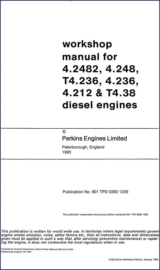 Perkins 4.2482, 4.248, T4.236, 4.236, 4.212 1993 Workshop Manual cover showing engine photographs