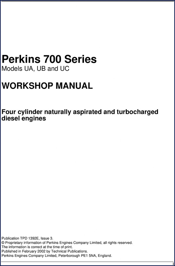 Perkins 700 Series UA UB UC 2002 Workshop Manual – factory service manual cover