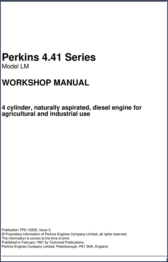 Perkins Engines 4.41 series 1997 workshop manual cover showing engine views and specifications