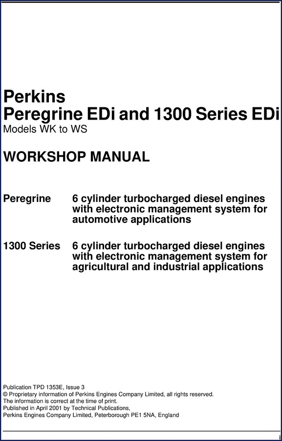 Perkins Peregrine EDi 1300 Series EDi 2001 Workshop Manual cover showing engine cutaway