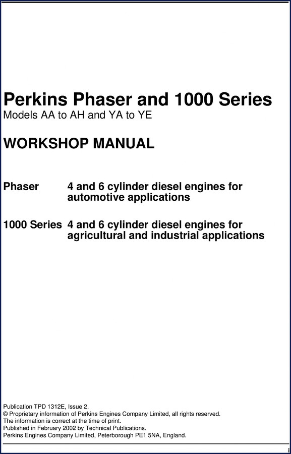 Perkins 1000 Series and Phaser 2002 Workshop Manual cover showing engine cutaway diagram